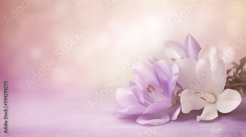 white and purple simple flowers on bokeh background with plenty of negative space