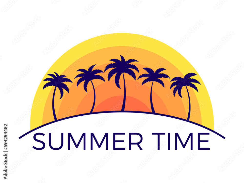 Summer time banner with palm trees at sunset isolated on white background. Summer tropical sunset with sun palm trees in 90s style. Design for printing t-shirt and banner. Vector illustration
