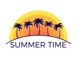 Summer time banner with palm trees at sunset isolated on white background. Summer tropical sunset with sun palm trees in 90s style. Design for printing t-shirt and banner. Vector illustration