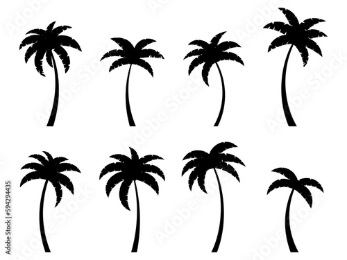 Black curved palm trees set isolated on white background. Bent palm silhouettes. Design of palm trees for posters  banners and promotional items. Vector illustration