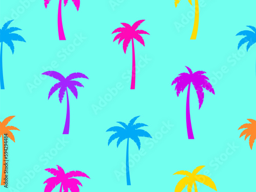 Palm trees seamless pattern. Summer time, tropical pattern with colorful palm trees. Design for printing t-shirts, banners and promotional items. Vector illustration