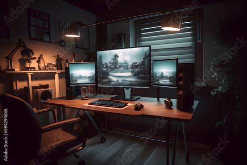 Comfortable home office workplace. Desk of gamer with computer. AI generated