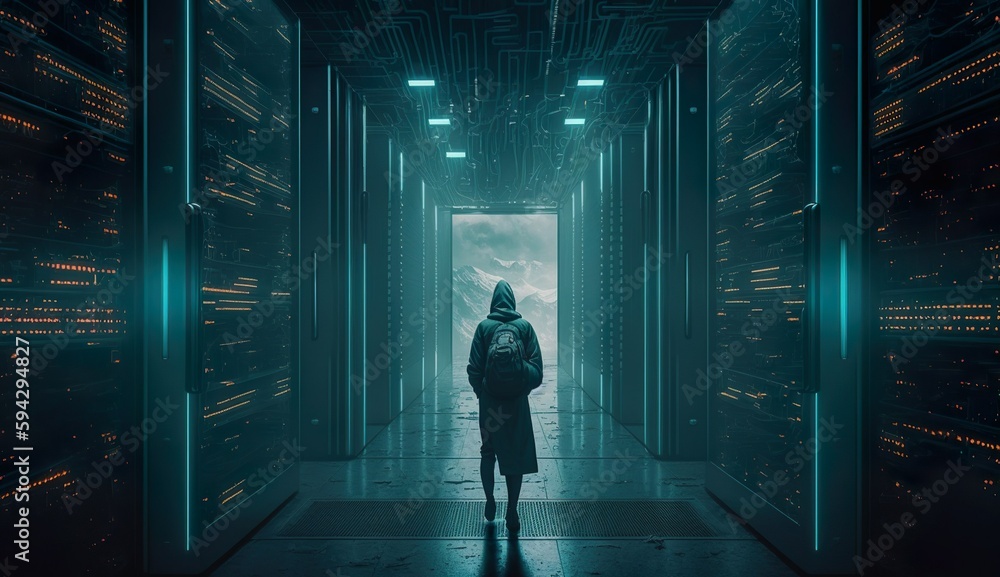 A person walking through a high-security data center, with rows of computer servers in the background