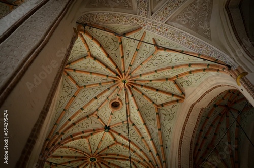 the ceiling in the room has intricate designs and woodwork