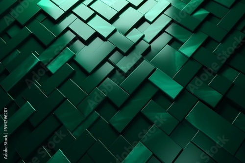 Green, Futuristic Wall background with tiles. Herringbone, tile Wallpaper with Polished, 3D blocks. 3D Render. Generative AI