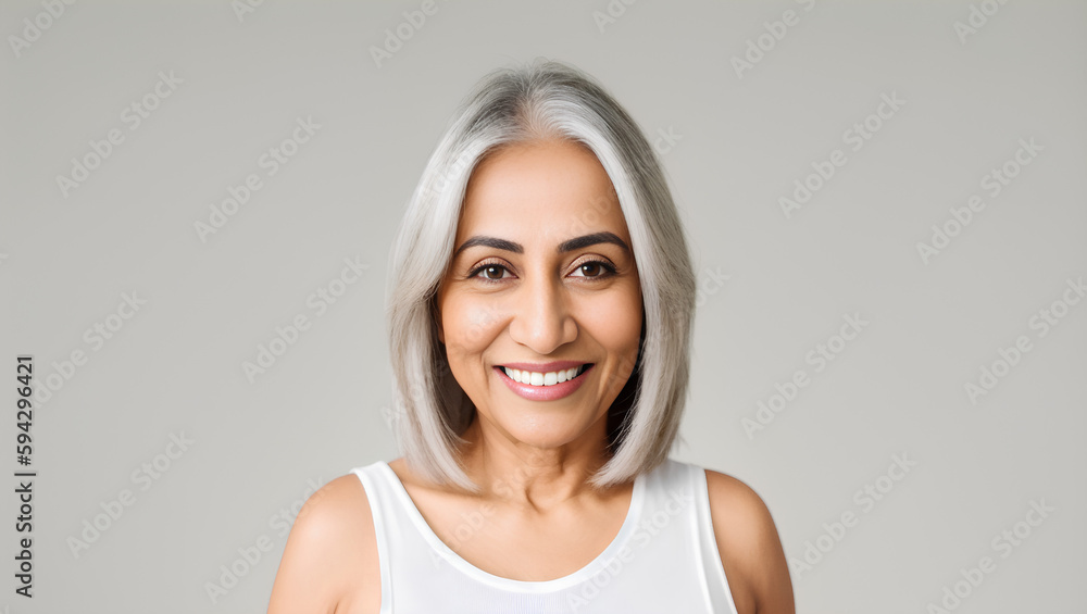 Portrait of senior Indian woman in white top on grey empty isolated background. Generative AI. Portrait of senior Indian woman in white top on grey empty isolated background. Generative AI.