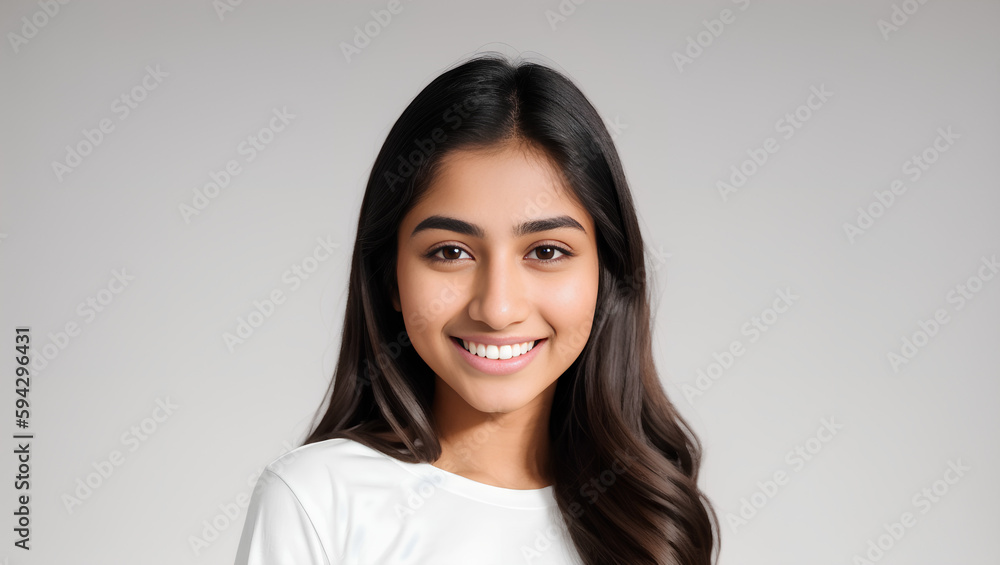 Young Indian girl portrait on grey empty background with copy space. Generative AI Young Indian girl portrait on grey empty background with copy space. Generative AI