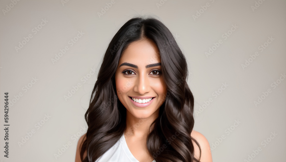 Portrait of elegant Indian natural woman on grey and beige isolated empty background. Copy space. Generative AI Portrait of elegant Indian natural woman on grey and beige isolated empty background. Copy space. Generative AI