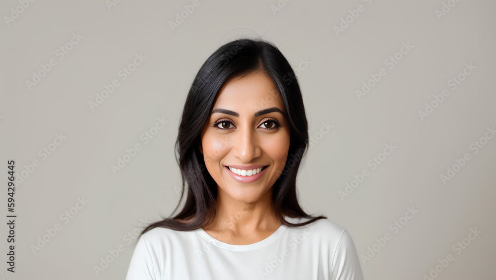 Young adult Indian woman portrait on grey empty background with copy space. Generative AI