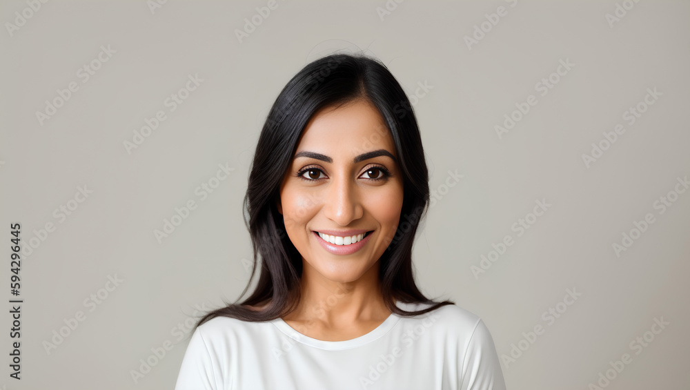 Young adult Indian woman portrait on grey empty background with copy space. Generative AI Young adult Indian woman portrait on grey empty background with copy space. Generative AI
