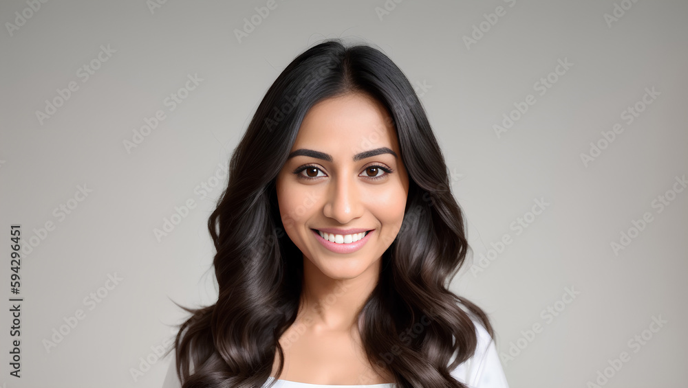 Young Indian woman with smile portrait on grey isolated background. Looking at camera. Generative AI Young Indian woman with smile portrait on grey isolated background. Looking at camera. Generative AI