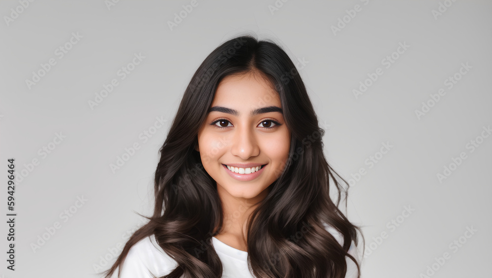 Young Indian girl portrait on grey isolated background. Looking at camera. Generative AI Young Indian girl portrait on grey isolated background. Looking at camera. Generative AI
