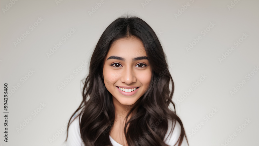 Portrait of Indian smiling teenager girl on grey and beige isolated empty background. Copy space. Generative AI Portrait of Indian smiling teenager girl on grey and beige isolated empty background. Copy space. Generative AI