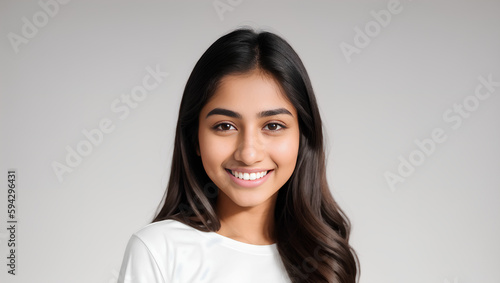 Young Indian girl portrait on grey empty background with copy space. Generative AI © Dawid