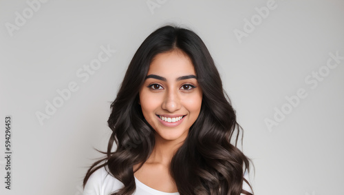 Portrait of Indian natural teenager girl on grey and beige isolated empty background. Copy space. Generative AI