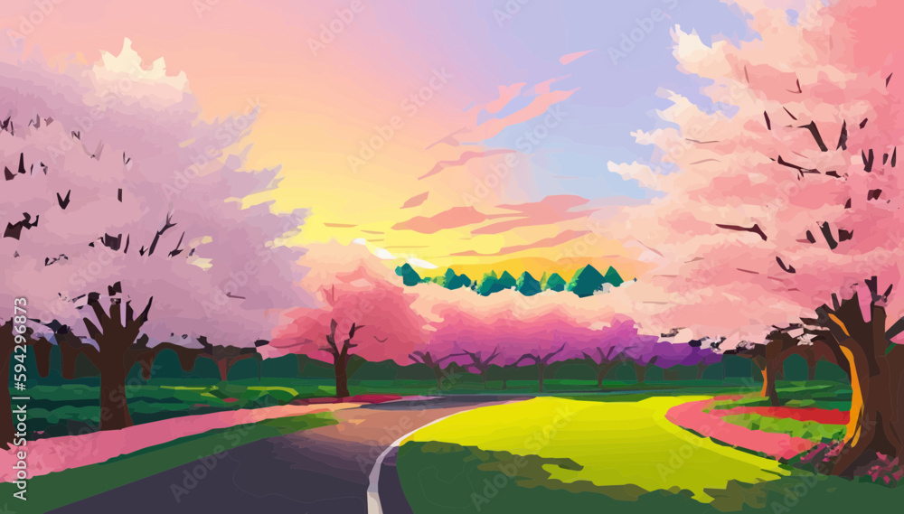 Cherry blossom landscape with road and trees. Vector illustration.