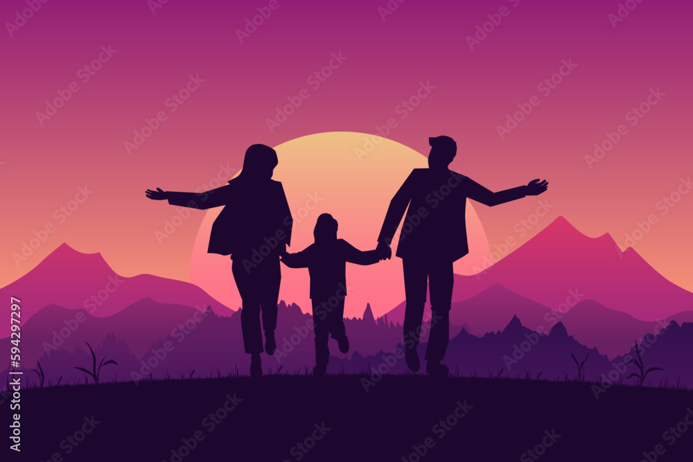 Happy family walking in the park and enjoying the beautiful nature