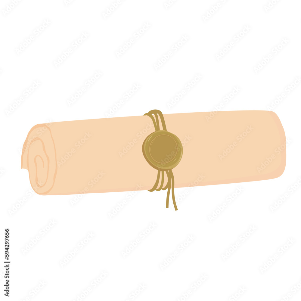 Diploma rolled into a tube vector stock illustration. Paper pirate treasure map. A package with a seal. Isolated on a white background.