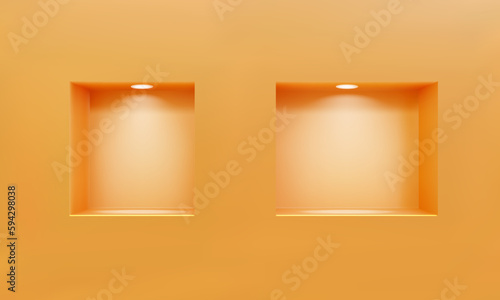 Two empty niches or shelves on orange wall with led spotlight 3D mockup. Shop, gallery showcase to present product. Blank retail storage space. Interior design furniture. Living room bookshelf