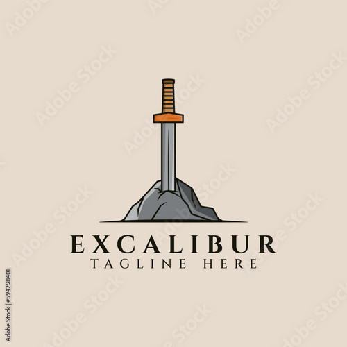excalibur sword in the stone vintage logo, icon and symbol, vector illustration design