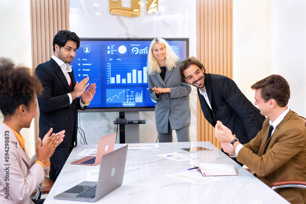 Employee on job corporate Business colleagues sit around table clapping hand for business success Employee on job corporate Business colleagues sit around table clapping hand for business success