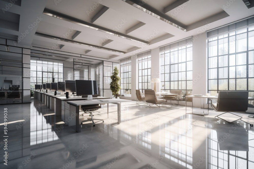 Fototapeta premium company interior room bright workplace window modern chair office desk furniture. Generative AI.