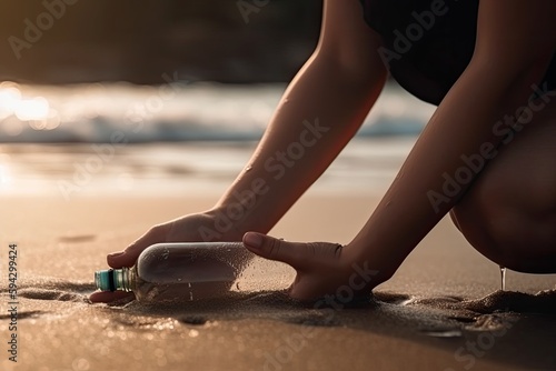 people picking up plastic bottle cleaning on the beach, close up of her upper body - Generative AI