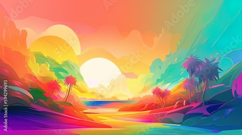 Beautiful tropical beach at exotic island surrounded by the ocean. Colorful, abstract digital painting. Generative A