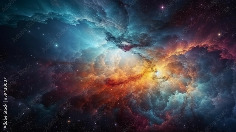 Dramatic space view moving through universe galaxies stars and nebulae. Generative ai