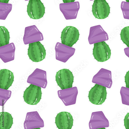 Seamless pattern with cartoon potted houseplant - cute green cactus with spikes in a purple pot on white background.