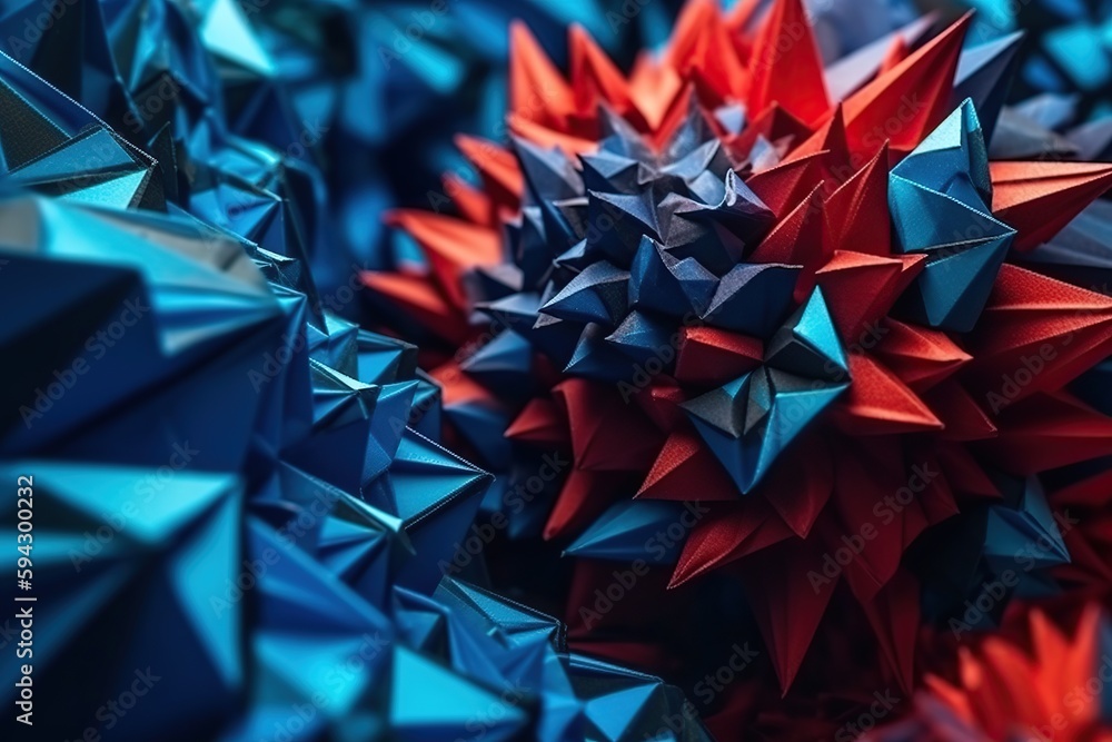 Polygonal blue and red abstract with spiky connection structure made with generative AI
