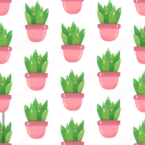 Seamless pattern with cartoon potted houseplant - cute green cactus with spikes in a pink pot on white background.