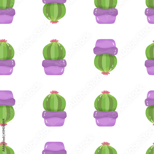 Seamless pattern with cartoon potted houseplant - cute green cactus with blossom and spikes in a purple pot on white background.