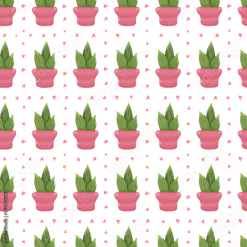Seamless pattern with cartoon potted houseplant - cute green cactus with spikes in a pink pot on white background.