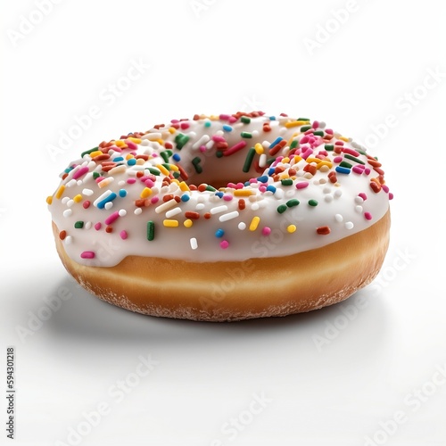 Tasty donuts covered with icing and colorful sprinkles on a white background
