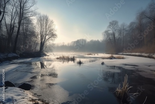 Winter landscape at the water. Generative AI