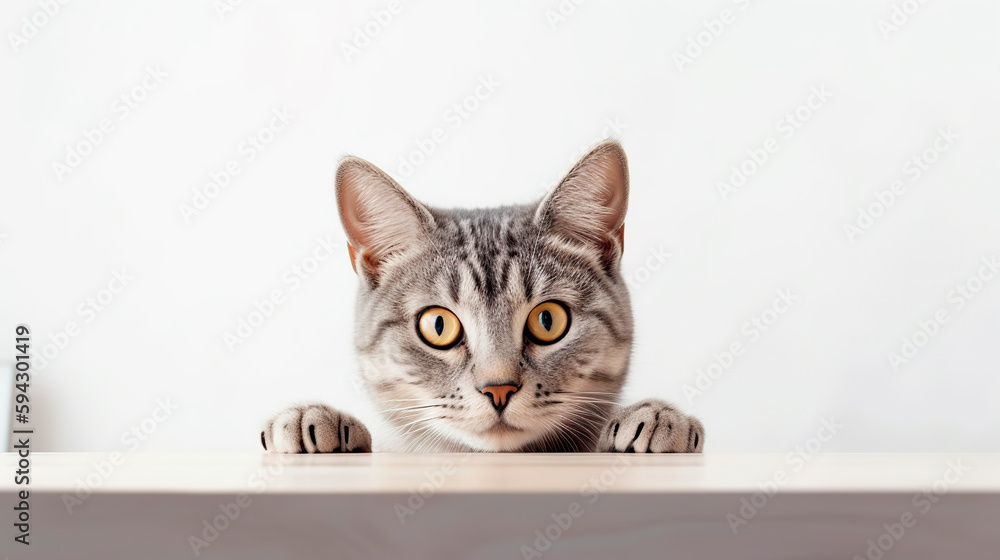 Cat peeking out from table with copy space isolated on white background.