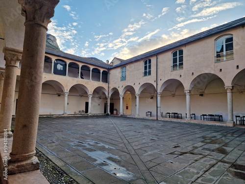 Old cloister Finalborgo liguria medieval village Italy photo