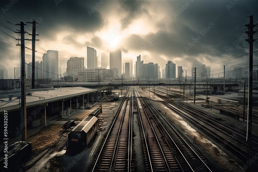 A Train Yard With A Train On The Tracks And A City In The Background Modern City Skyline In The Morning Time-lapse Photography Industrial Photography Generative AI