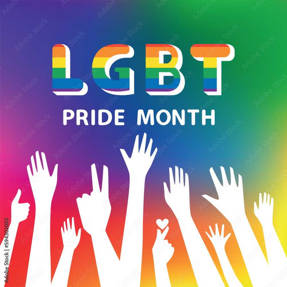Obraz premium People hold hands up celebrates LGBT pride month. Illustration, Poster, Vector , Background or wallpaper. 