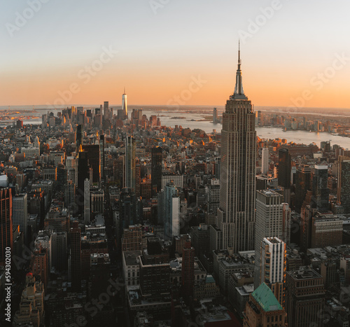 Aerial view of Midtown and lower Manhattan New York City Downtown. Soft morning light sunrise. Financial distict United States. © Mathias