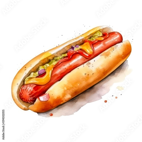 Watercolor illustration of a hot dog isolated on white background. Generative AI.