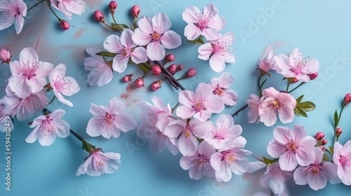 Beautiful spring pink flowers blue pastel wall top view. Generative ai