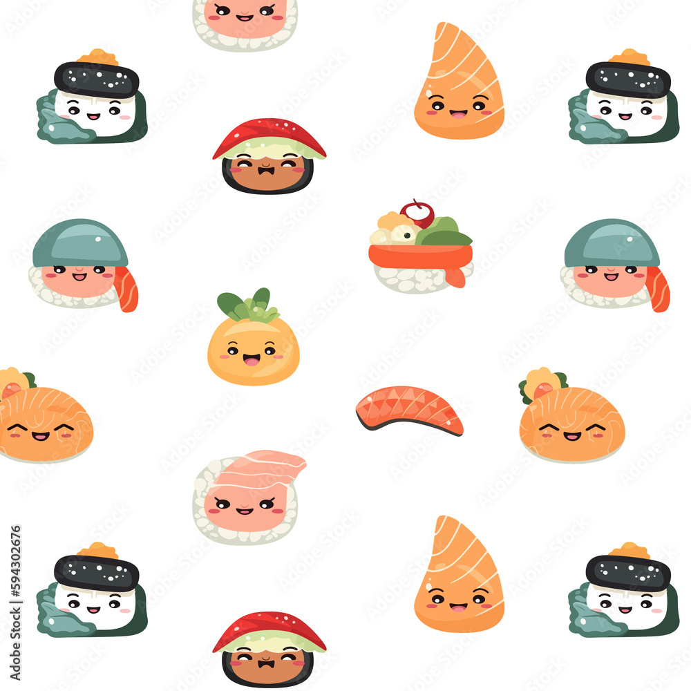 Cute Japanese Food Sushi and Roll Character Allover Seamless Pattern Design Artwork