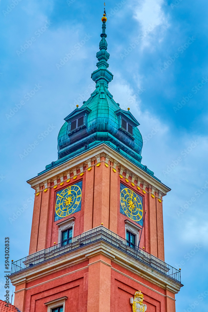 Clock on the Sigismund Tower of the Royal Castle in Warsaw, Poland