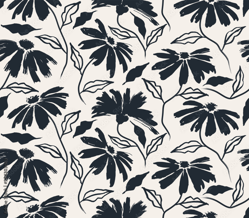 flowers hand drawn seamless pattern. ink brush texture.
