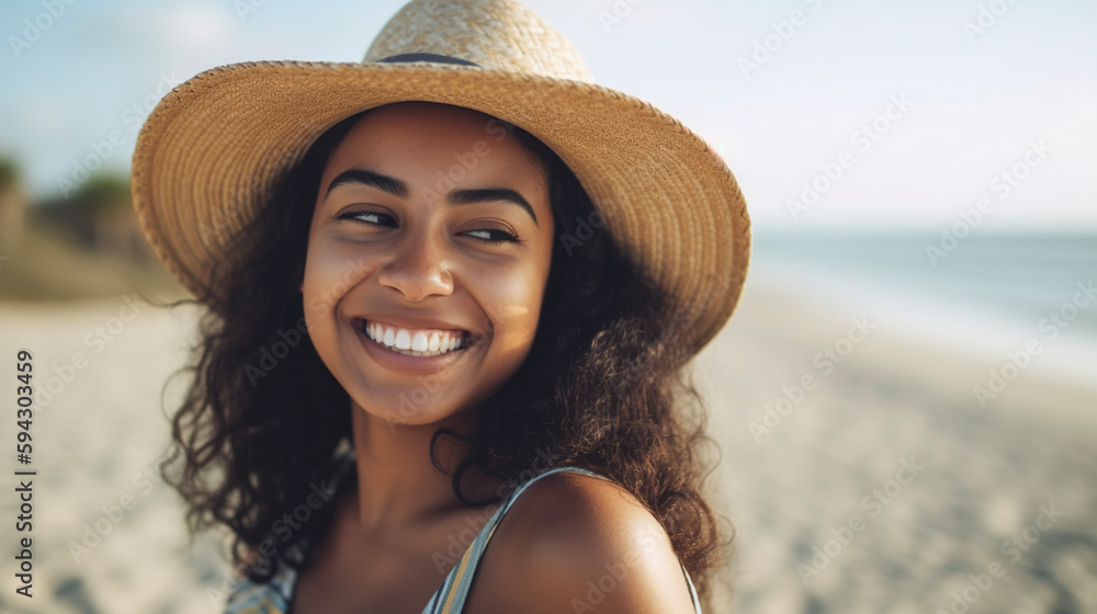 Portrait of a young smiling woman on the beach. AI