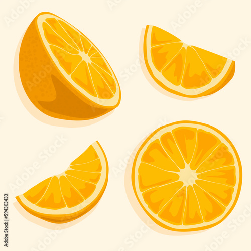 Orange slices with pulp. Vector icons. Sweet bright fruits. Natural ingredients.