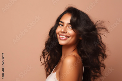 Portrait of a happy latin woman isolated on a beige background. AI