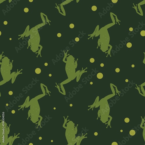 Seamless pattern with green frogs for fabric print, gift wrapping paper, textile. Stock vector illustration.